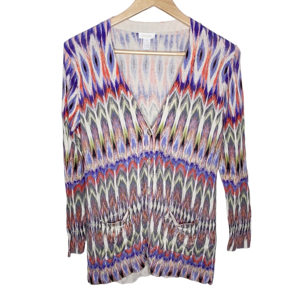 Chico’s cotton blend ikat tie dye printed longline buttoned cardigan US size M
